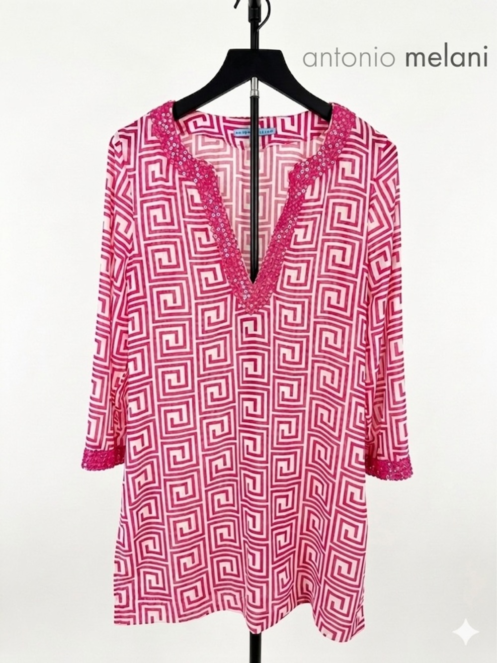 ANTONIO MELANI Pink Geometric V-Neck Tunic with Embellished Trim